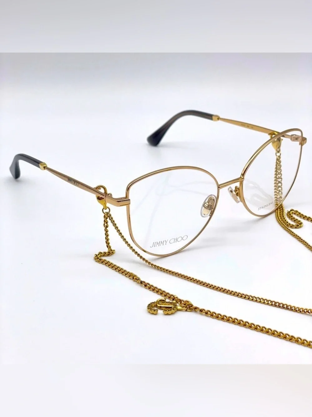 Jimmy Choo Gold Metal Frame Glasses with Matching Chain